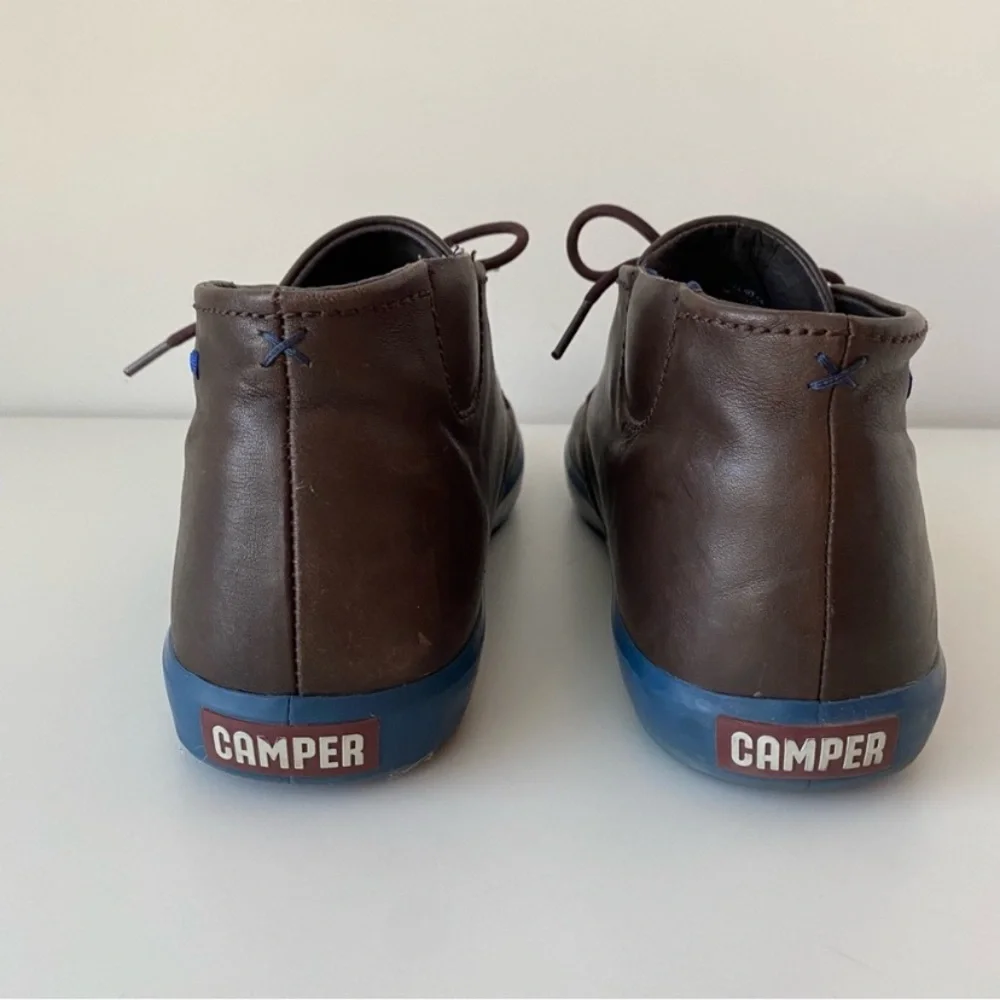 Camper Lace-up Chukka Boots in Brown Leather with Blue Soles, Size US 11, EUC